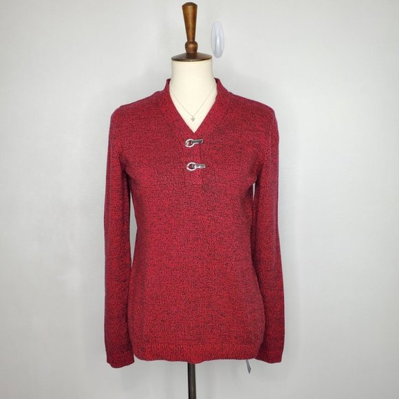 Karen Scott Marled Red Black Henley Sweater With Hardware NEW NWT Size S - Picture 1 of 13